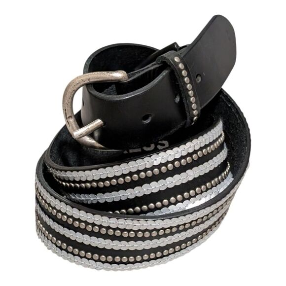 Express Accessories - Vintage Express black leather belt size Large sequin silver stud fashion buckle